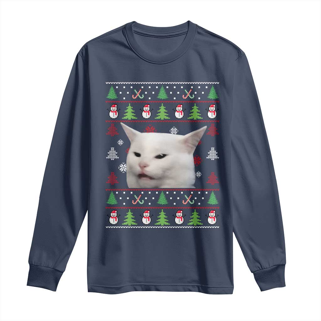Woman Yelling At A Cat Ugly Christmas Long Sleeve Shirt Funny Cat Meme Matching Couple Christmas Pajama - Wonder Print Shop
