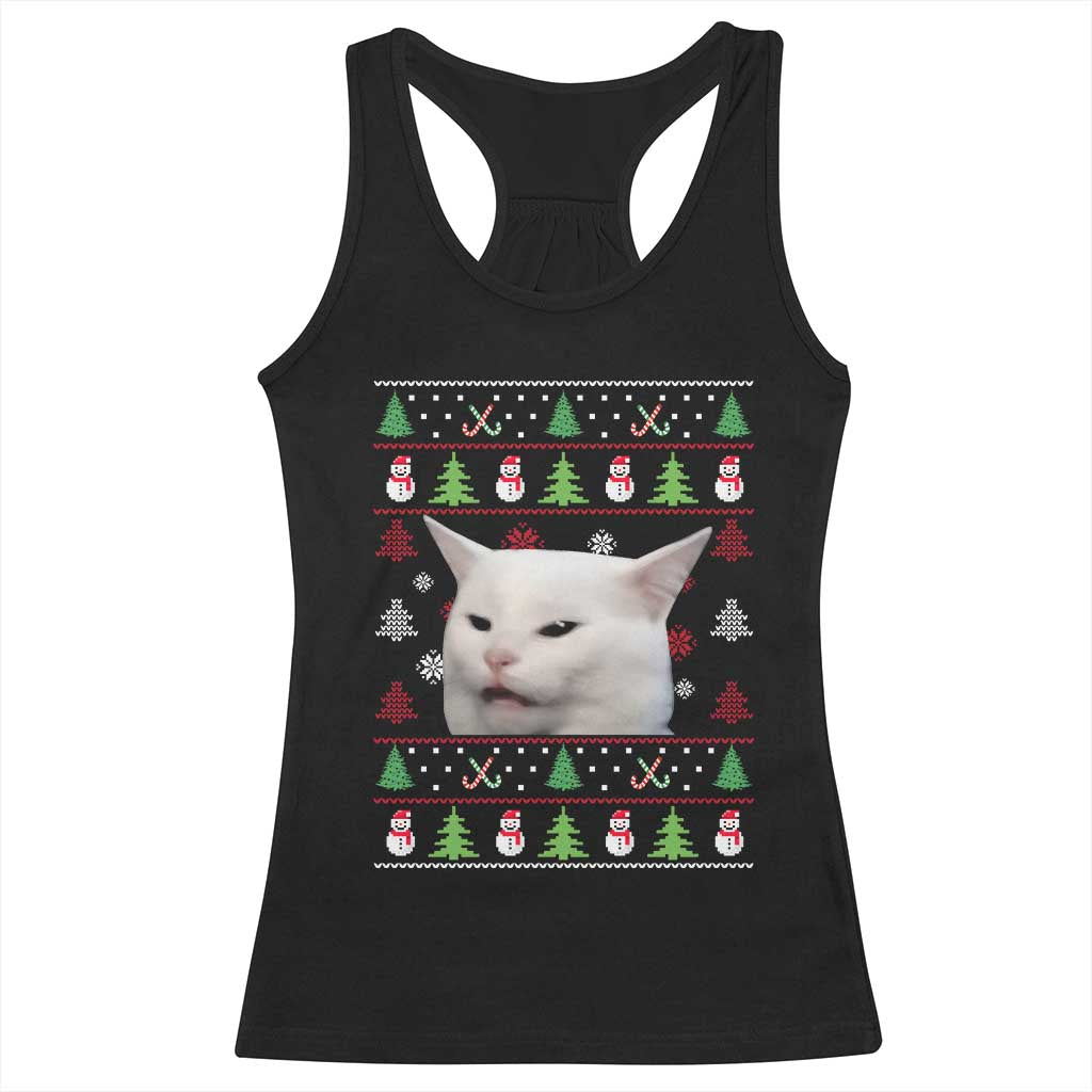 Woman Yelling At A Cat Ugly Christmas Racerback Tank Top Funny Cat Meme Matching Couple Christmas Pajama - Wonder Print Shop
