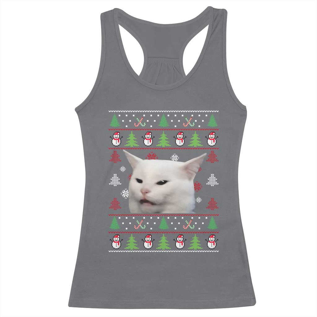 Woman Yelling At A Cat Ugly Christmas Racerback Tank Top Funny Cat Meme Matching Couple Christmas Pajama - Wonder Print Shop