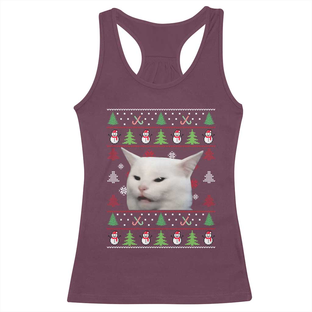 Woman Yelling At A Cat Ugly Christmas Racerback Tank Top Funny Cat Meme Matching Couple Christmas Pajama - Wonder Print Shop