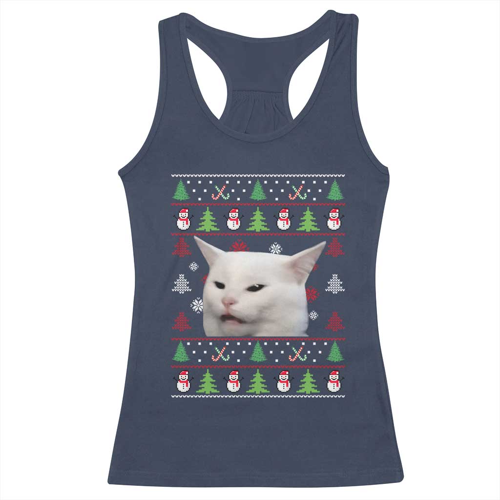 Woman Yelling At A Cat Ugly Christmas Racerback Tank Top Funny Cat Meme Matching Couple Christmas Pajama - Wonder Print Shop