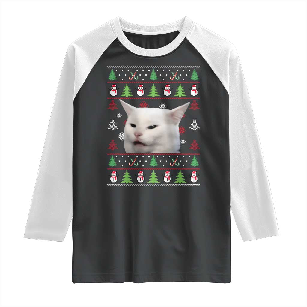 Woman Yelling At A Cat Ugly Christmas Raglan Shirt Funny Cat Meme Matching Couple Christmas Pajama - Wonder Print Shop