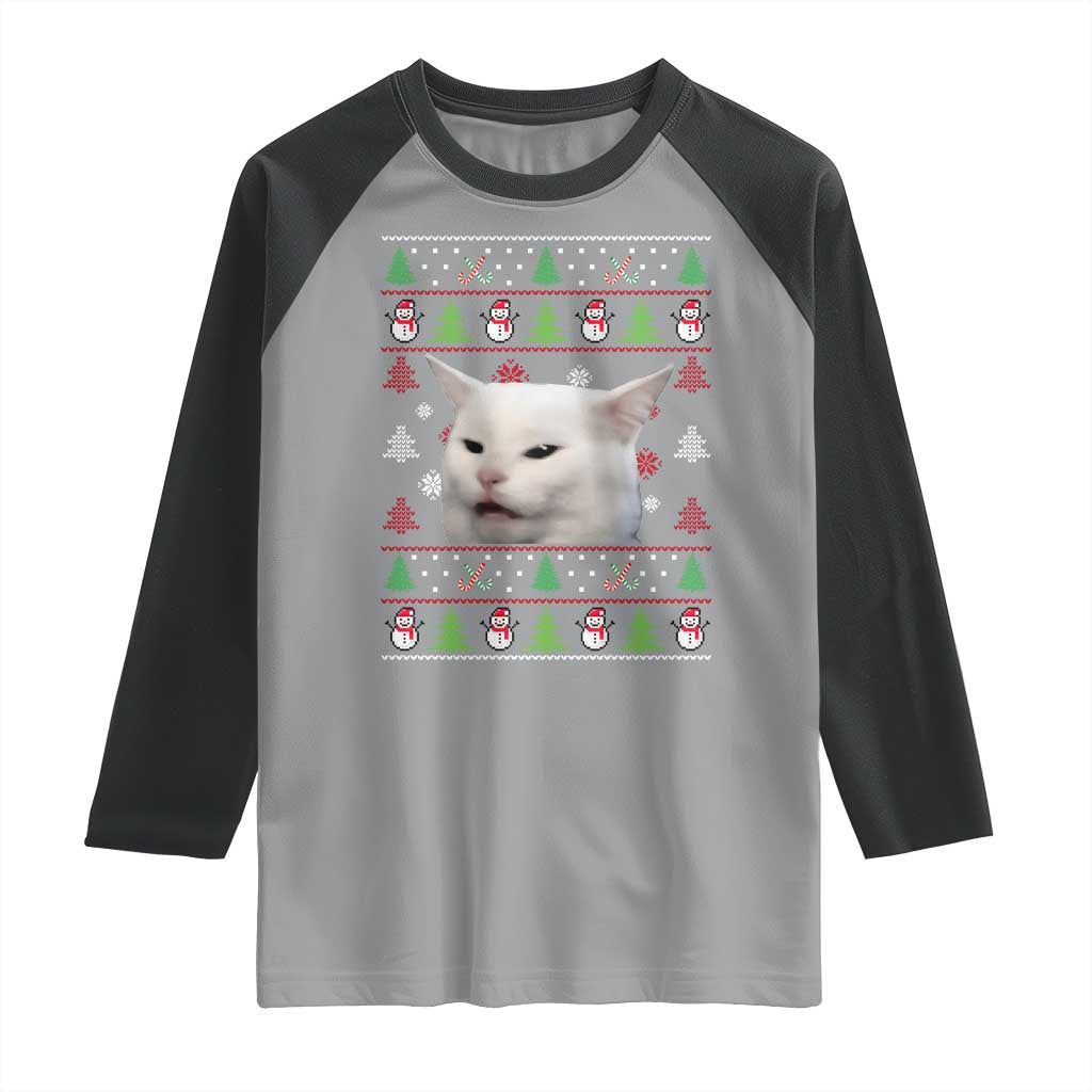 Woman Yelling At A Cat Ugly Christmas Raglan Shirt Funny Cat Meme Matching Couple Christmas Pajama - Wonder Print Shop