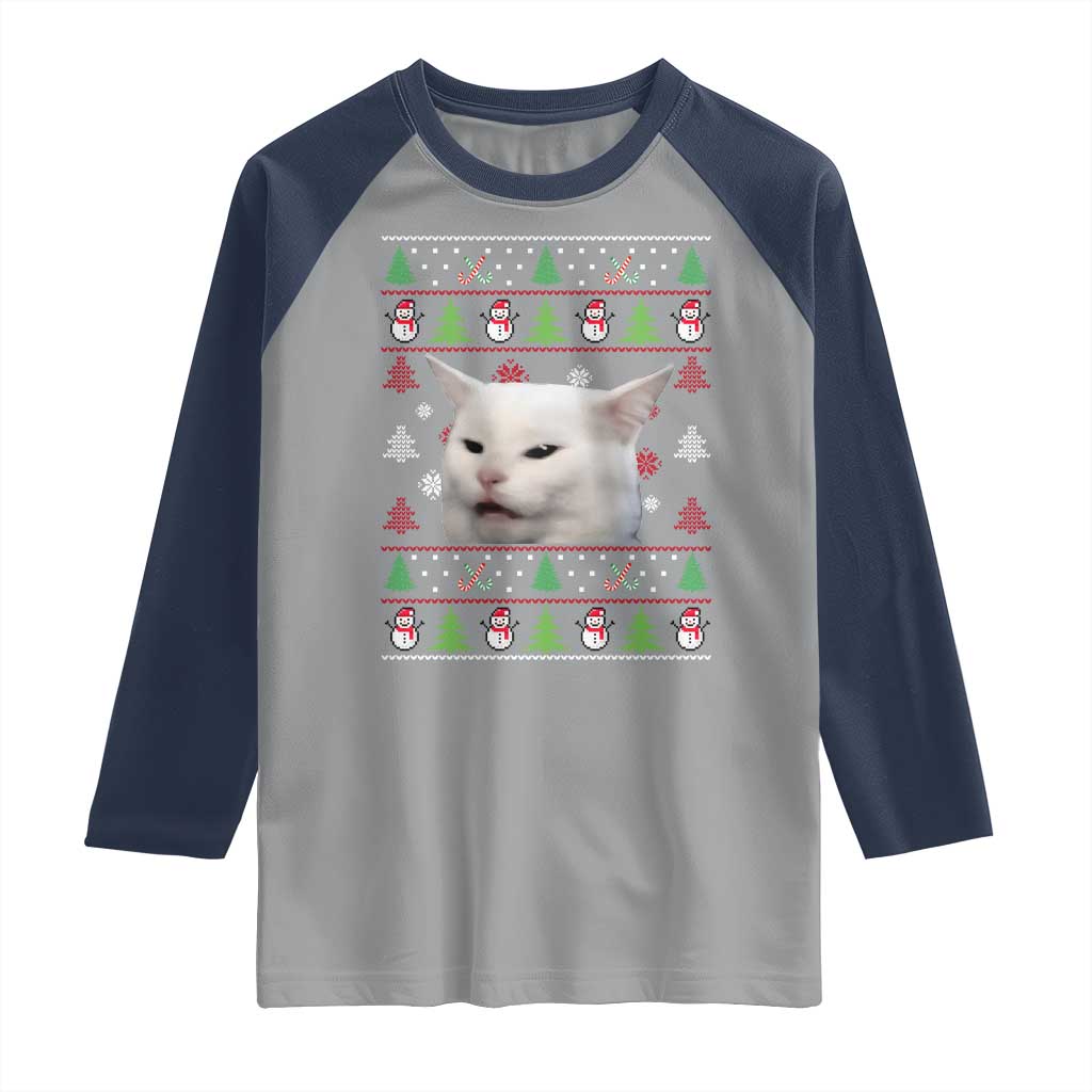 Woman Yelling At A Cat Ugly Christmas Raglan Shirt Funny Cat Meme Matching Couple Christmas Pajama - Wonder Print Shop
