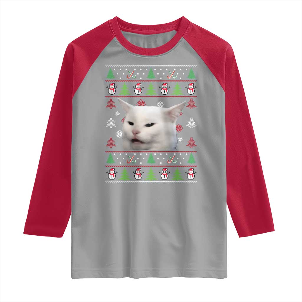 Woman Yelling At A Cat Ugly Christmas Raglan Shirt Funny Cat Meme Matching Couple Christmas Pajama - Wonder Print Shop