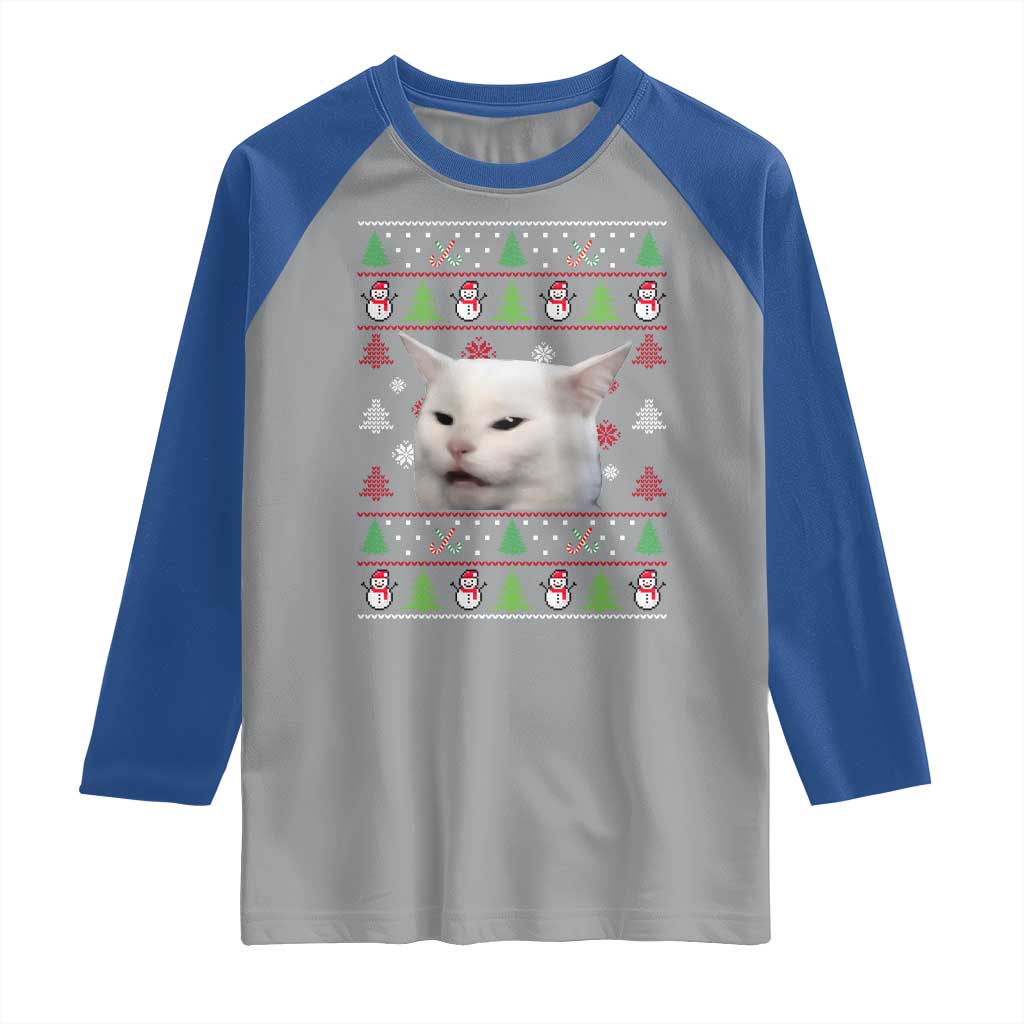 Woman Yelling At A Cat Ugly Christmas Raglan Shirt Funny Cat Meme Matching Couple Christmas Pajama - Wonder Print Shop