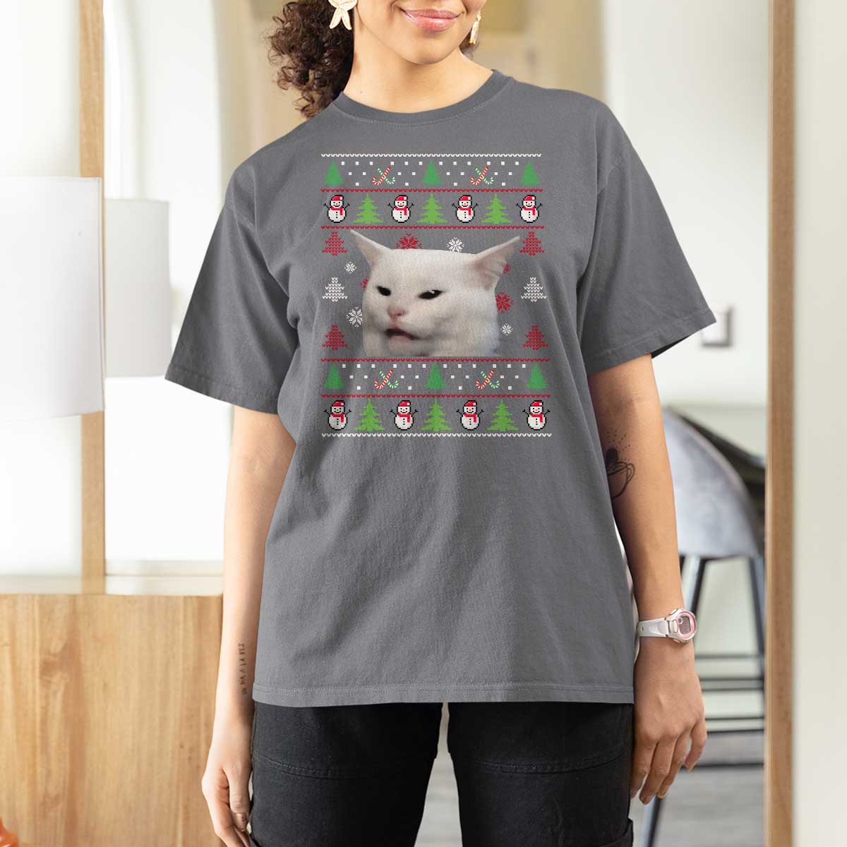 Woman Yelling At A Cat Ugly Christmas T Shirt For Women Funny Cat Meme Matching Couple Christmas Pajama - Wonder Print Shop