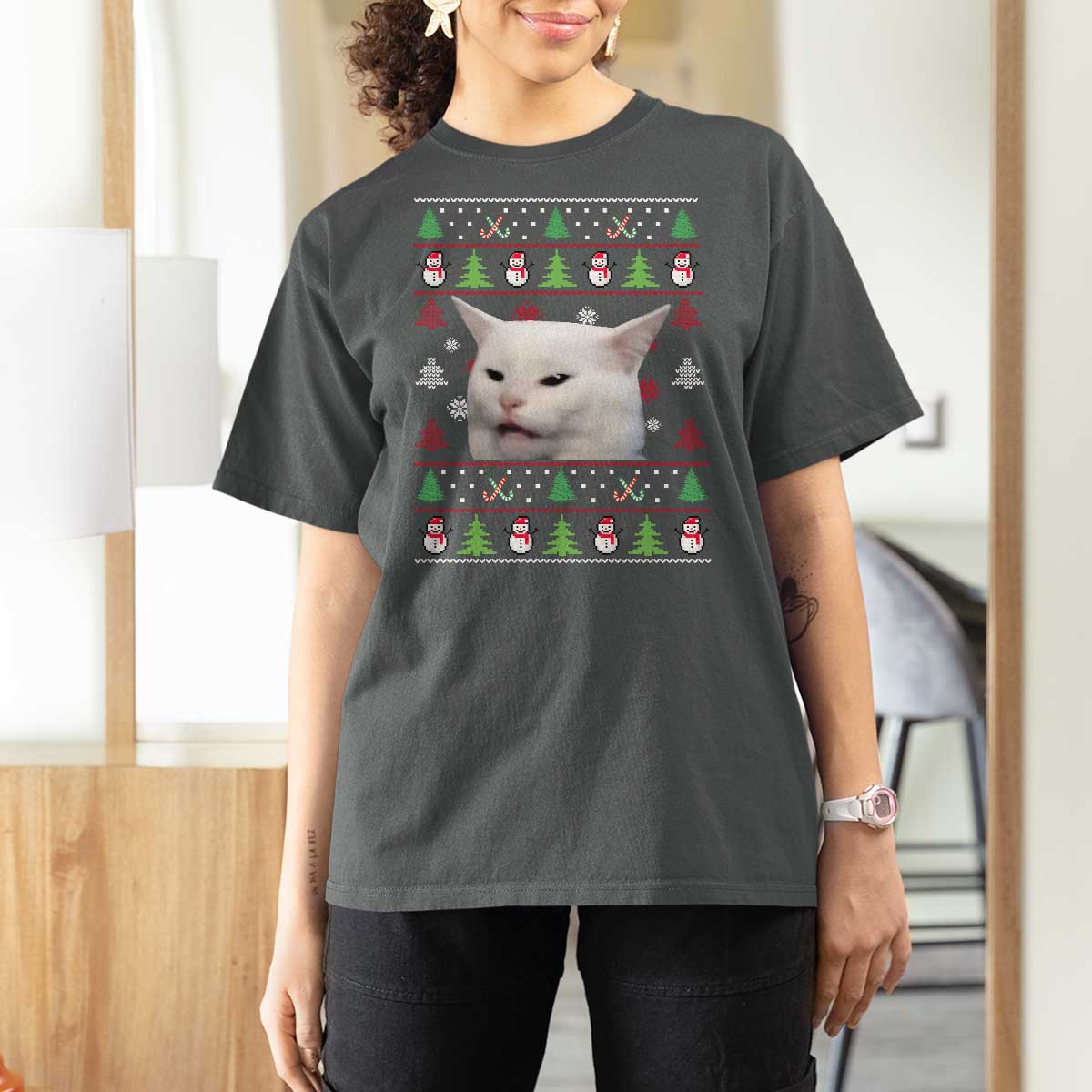 Woman Yelling At A Cat Ugly Christmas T Shirt For Women Funny Cat Meme Matching Couple Christmas Pajama - Wonder Print Shop