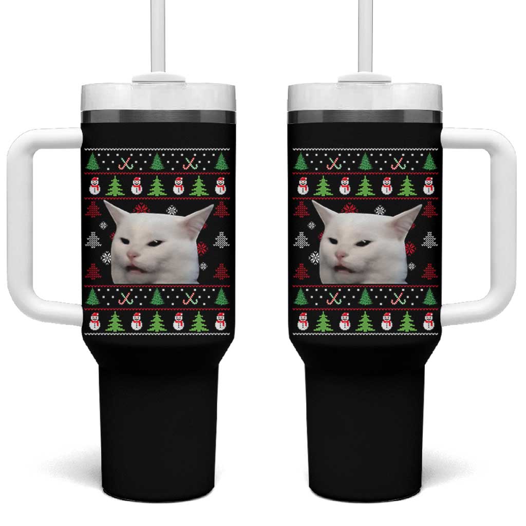 Woman Yelling At A Cat Ugly Christmas Tumbler With Handle Funny Cat Meme Matching Couple Christmas Pajama - Wonder Print Shop