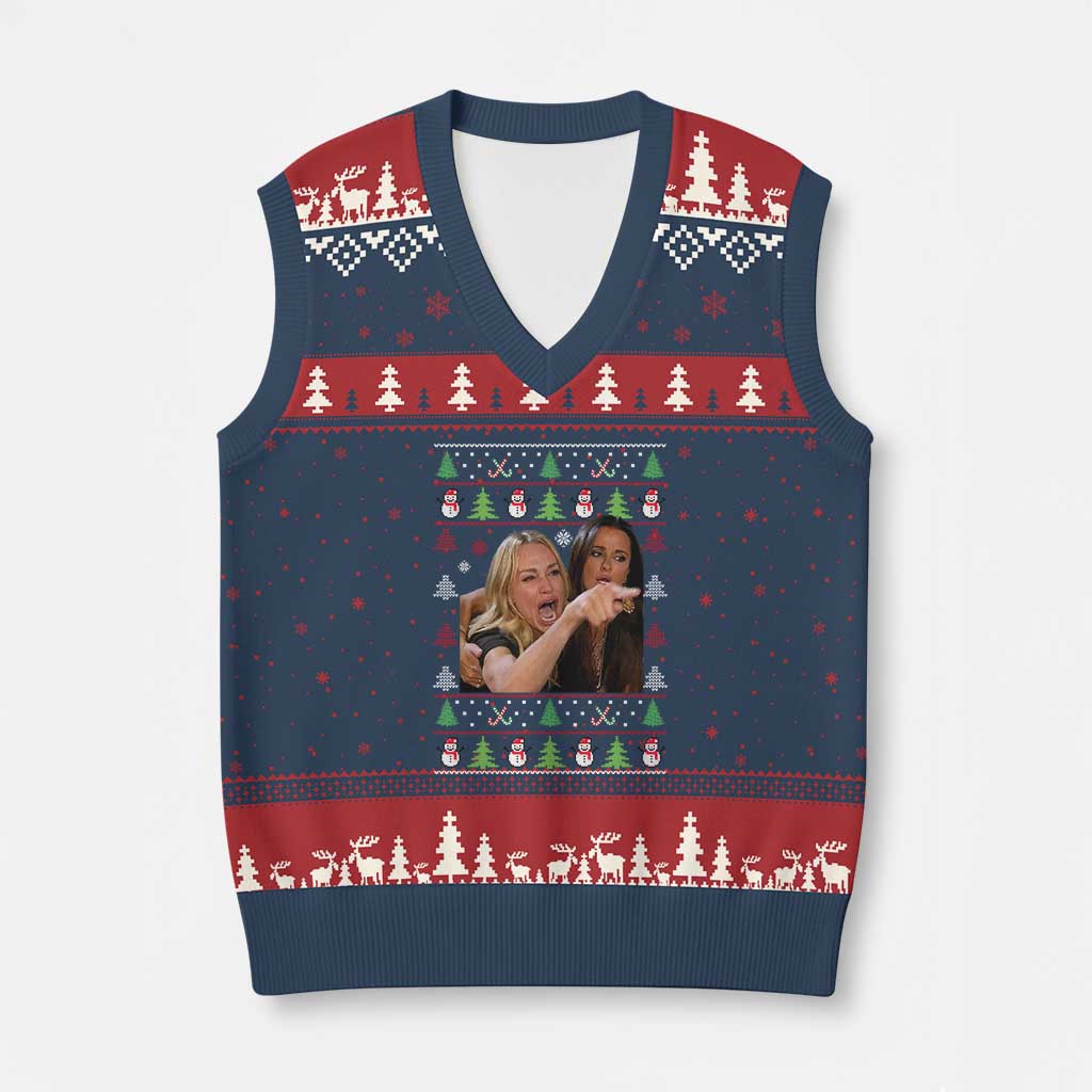 Woman Yelling At A Cat Ugly Xmas V-Neck Knit Sweater Vest Funny Meme Matching Couple Xmas Pajama - Wonder Print Shop