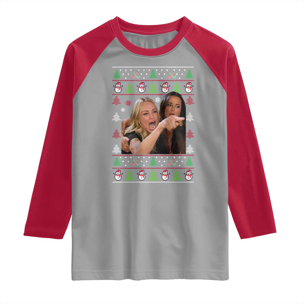 Woman Yelling At A Cat Ugly Christmas Raglan Shirt Funny Meme Matching Couple Christmas Pajama - Wonder Print Shop
