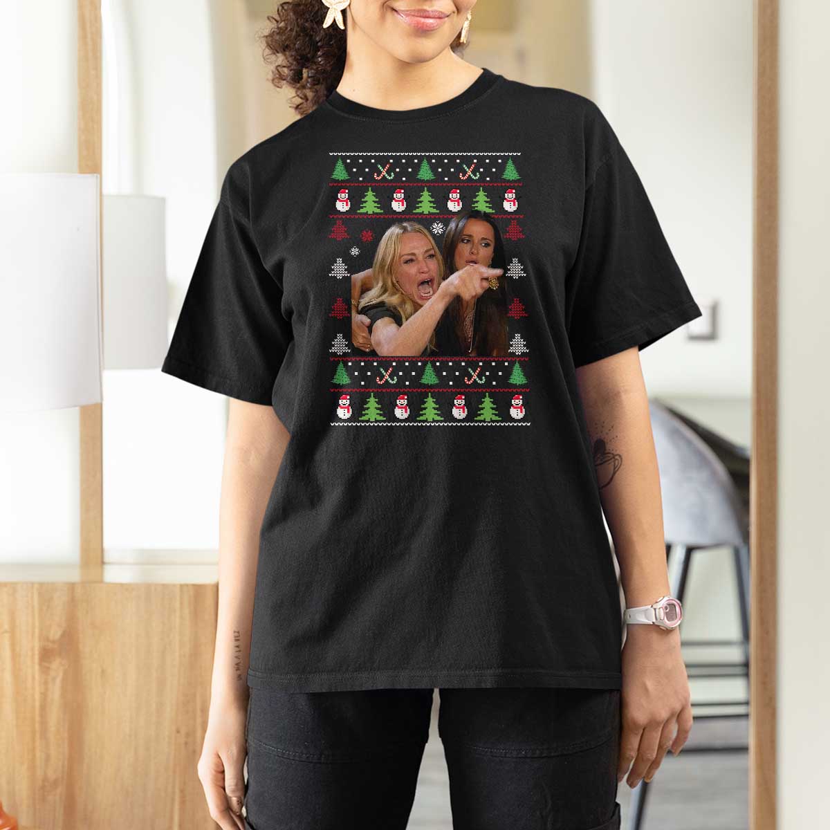 Woman Yelling At A Cat Ugly Christmas T Shirt For Women Funny Meme Matching Couple Christmas Pajama - Wonder Print Shop