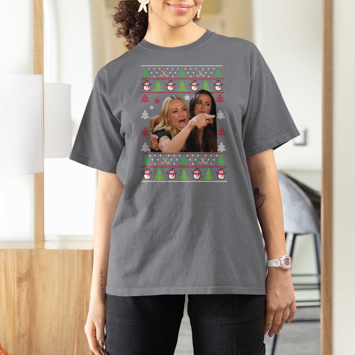 Woman Yelling At A Cat Ugly Christmas T Shirt For Women Funny Meme Matching Couple Christmas Pajama - Wonder Print Shop