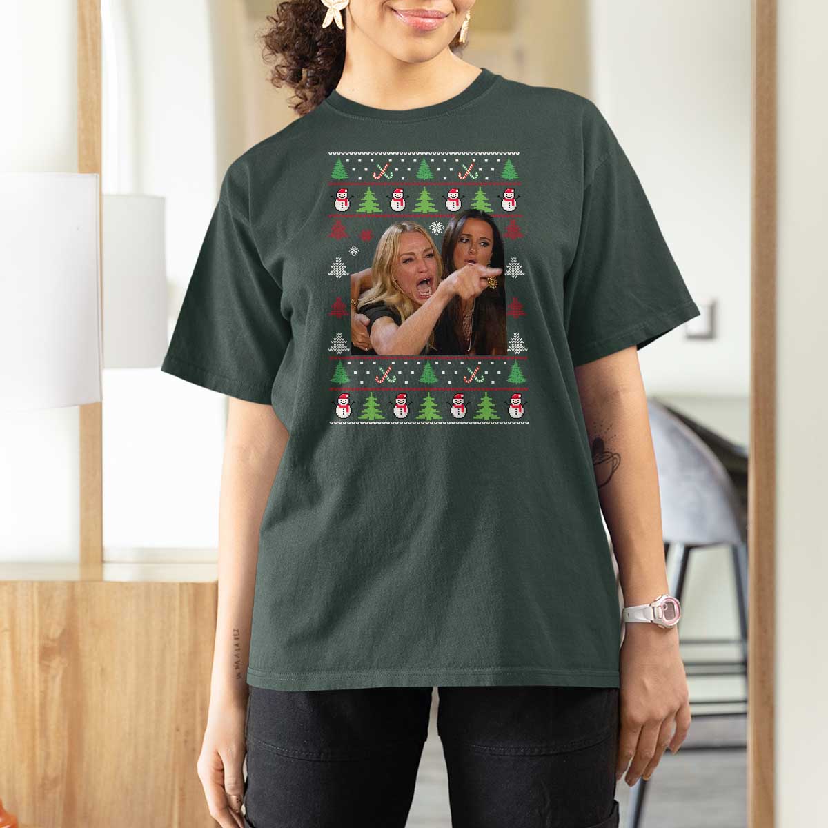 Woman Yelling At A Cat Ugly Christmas T Shirt For Women Funny Meme Matching Couple Christmas Pajama - Wonder Print Shop