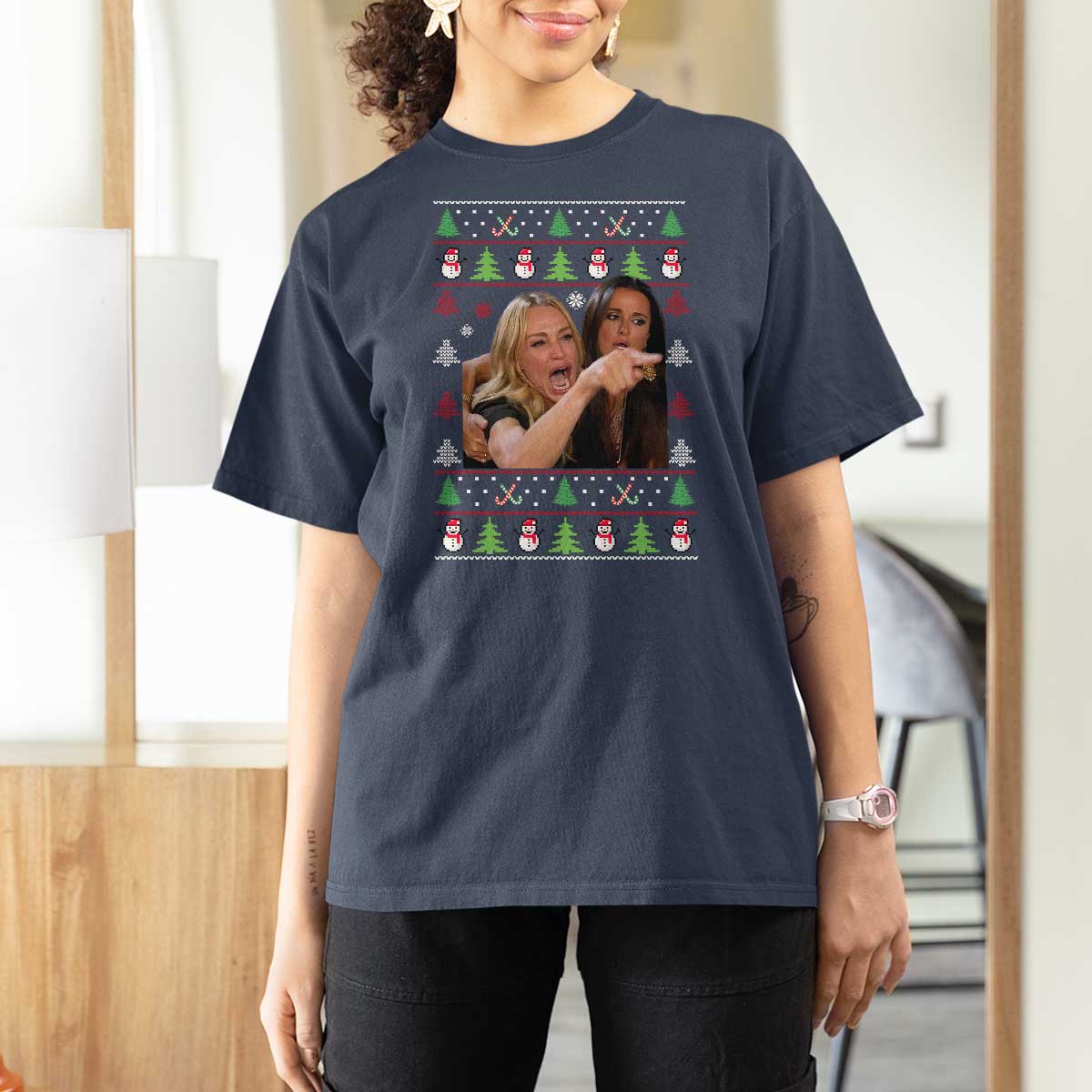 Woman Yelling At A Cat Ugly Christmas T Shirt For Women Funny Meme Matching Couple Christmas Pajama - Wonder Print Shop