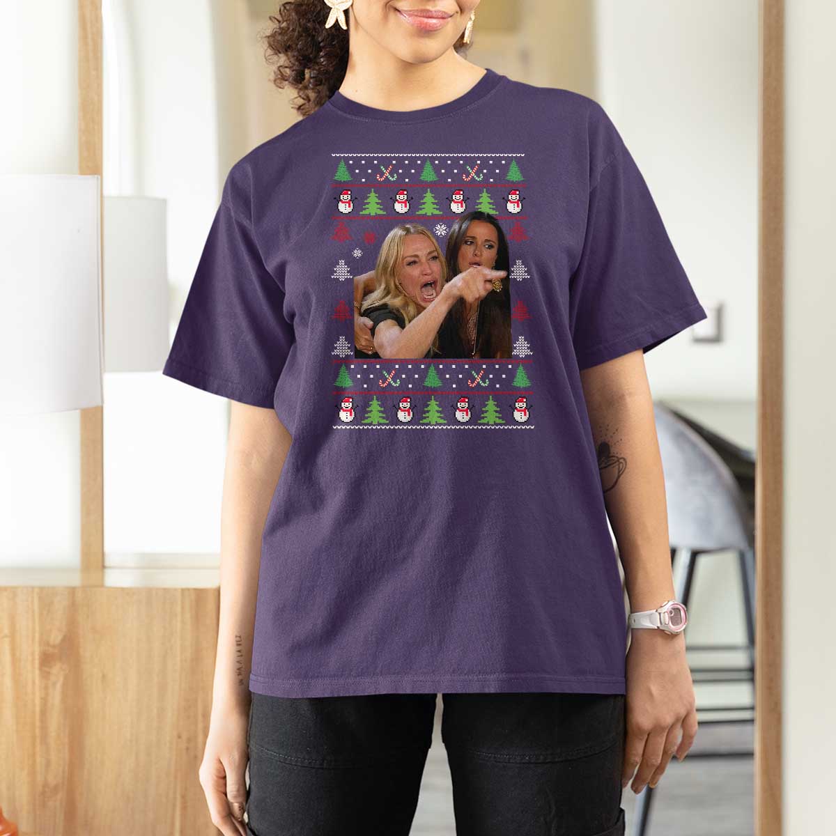 Woman Yelling At A Cat Ugly Christmas T Shirt For Women Funny Meme Matching Couple Christmas Pajama - Wonder Print Shop