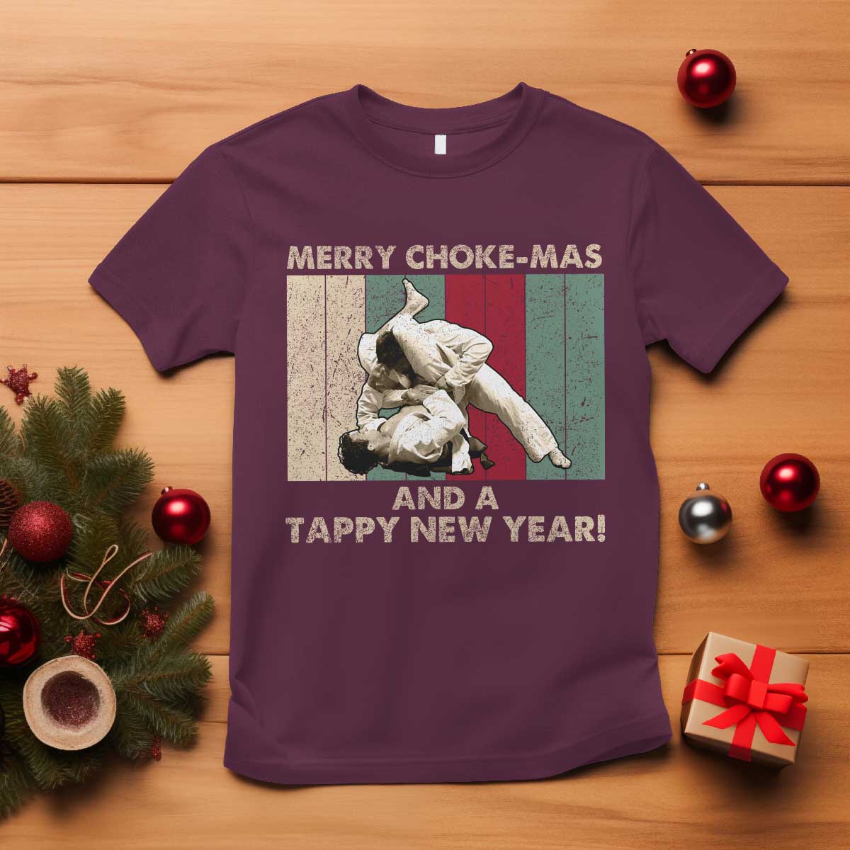 Jiu Jitsu Christmas T Shirt Retro Merry Choke Mas Tappy New Year Martial Arts BJJ Lover - Wonder Print Shop
