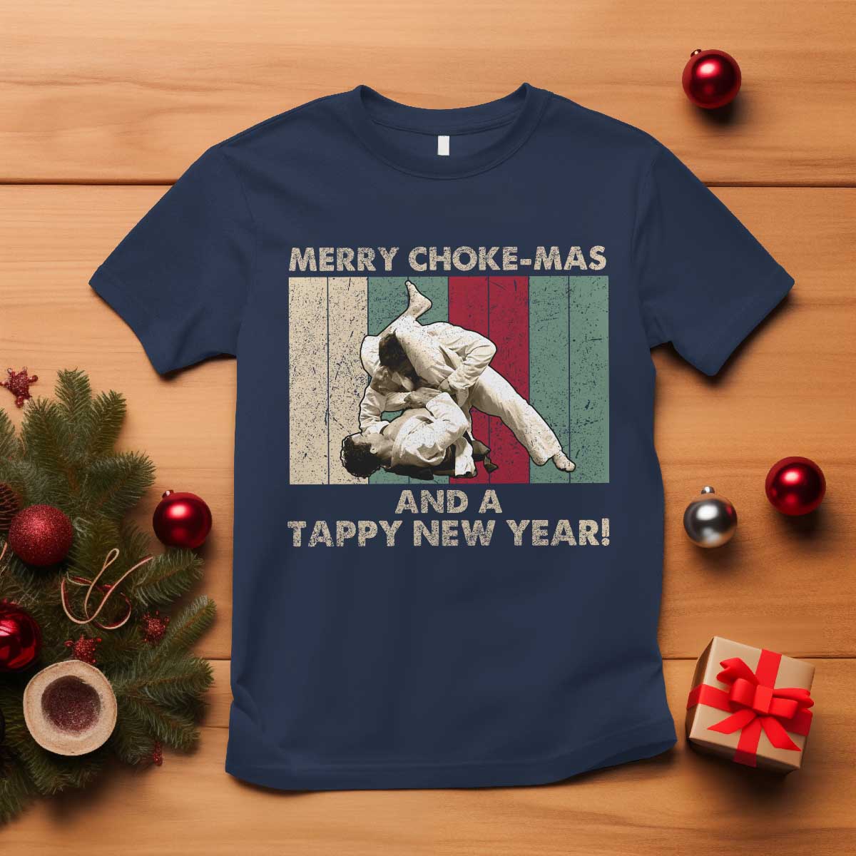 Jiu Jitsu Christmas T Shirt Retro Merry Choke Mas Tappy New Year Martial Arts BJJ Lover - Wonder Print Shop