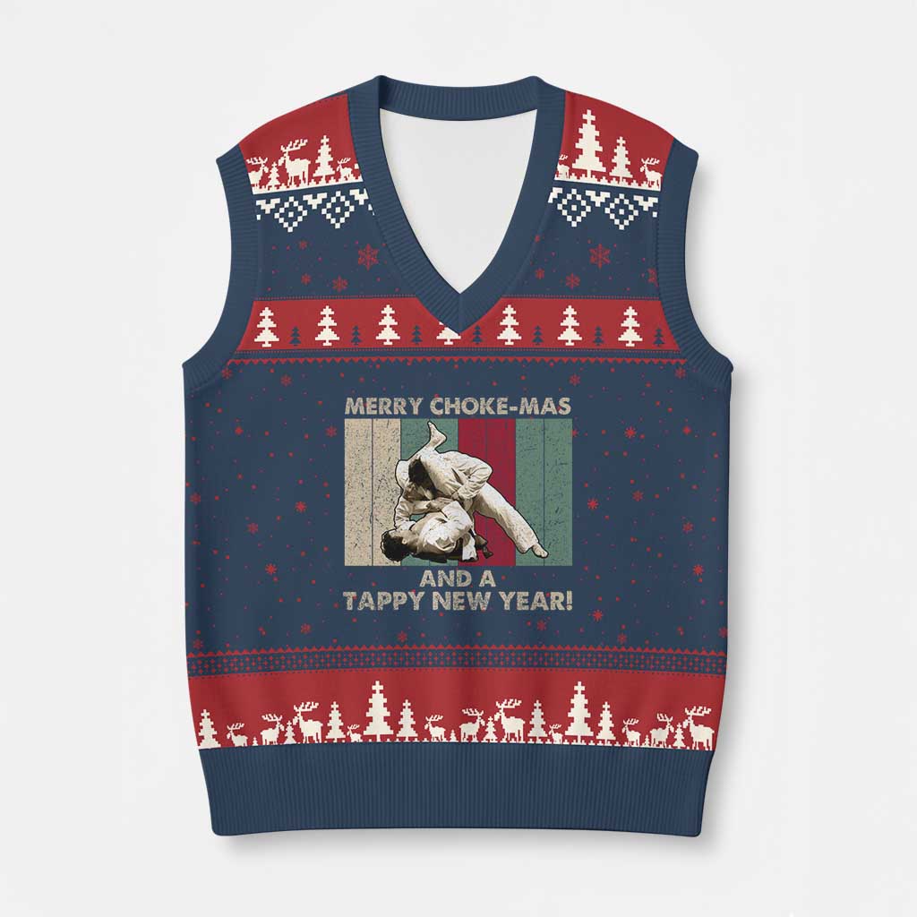 Jiu Jitsu Xmas V-Neck Knit Sweater Vest Retro Merry Choke Mas Tappy New Year Martial Arts BJJ Lover - Wonder Print Shop