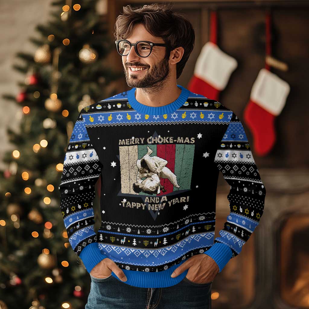 Jiu Jitsu Christmas Hanukkah Ugly Sweater Retro Merry Choke Mas Tappy New Year Martial Arts BJJ Lover - Wonder Print Shop
