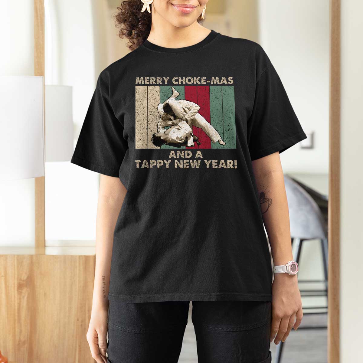 Jiu Jitsu Christmas T Shirt For Women Retro Merry Choke Mas Tappy New Year Martial Arts BJJ Lover - Wonder Print Shop