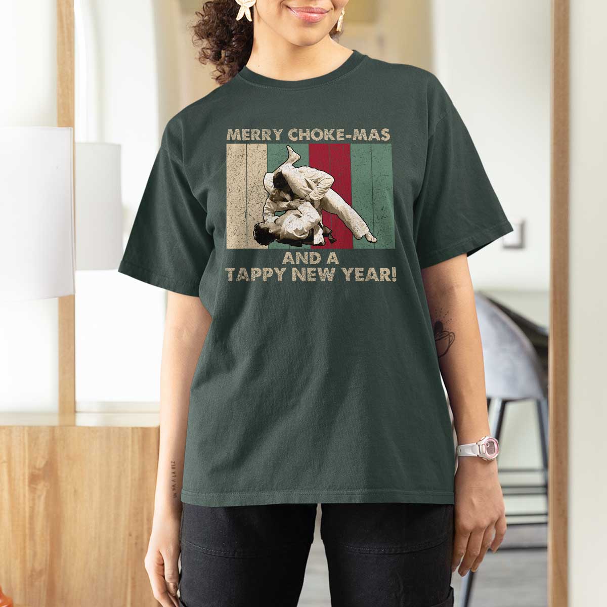 Jiu Jitsu Christmas T Shirt For Women Retro Merry Choke Mas Tappy New Year Martial Arts BJJ Lover - Wonder Print Shop