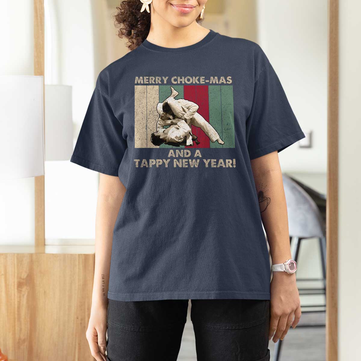 Jiu Jitsu Christmas T Shirt For Women Retro Merry Choke Mas Tappy New Year Martial Arts BJJ Lover - Wonder Print Shop