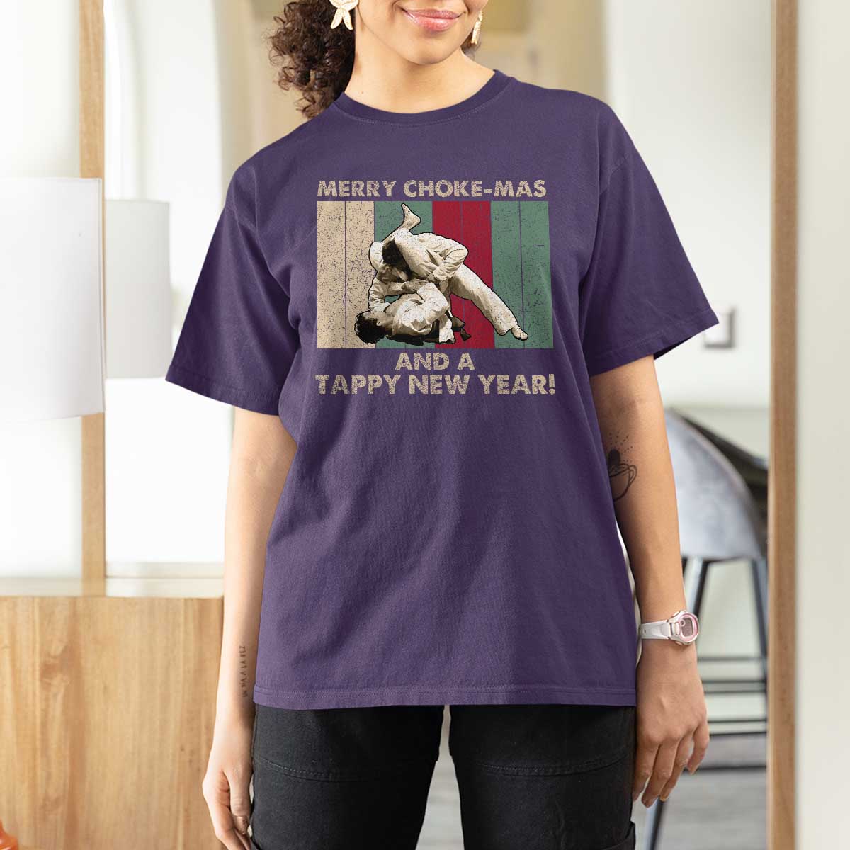 Jiu Jitsu Christmas T Shirt For Women Retro Merry Choke Mas Tappy New Year Martial Arts BJJ Lover - Wonder Print Shop