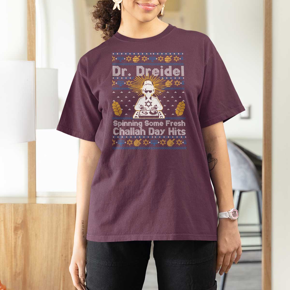 Funny Ugly Hanukkah T Shirt For Women Mr Dreidel Dj Chanukkah Jewish - Wonder Print Shop