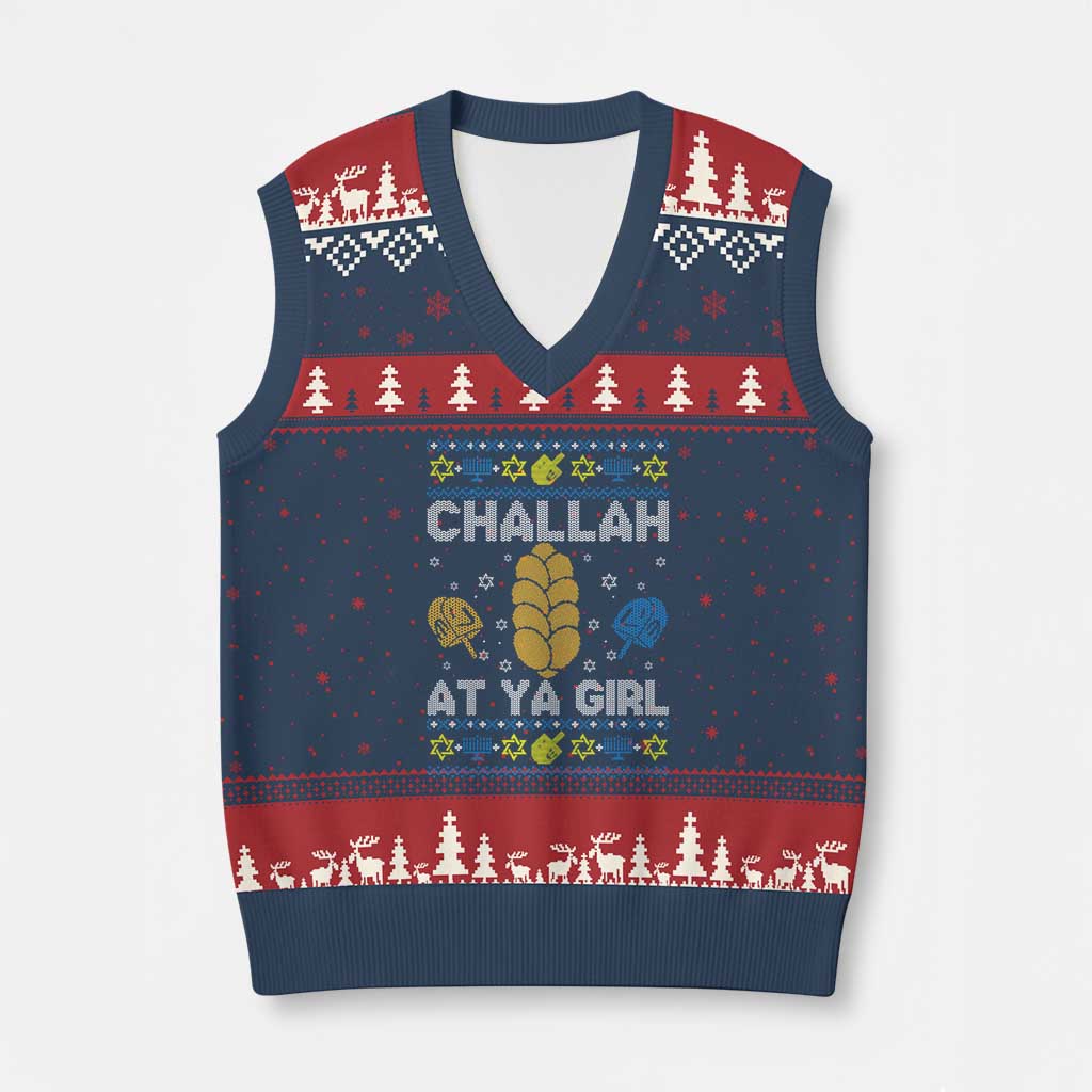 Funny Ugly Hanukkah V-Neck Knit Sweater Vest Challah At Ya Girl Matching - Wonder Print Shop