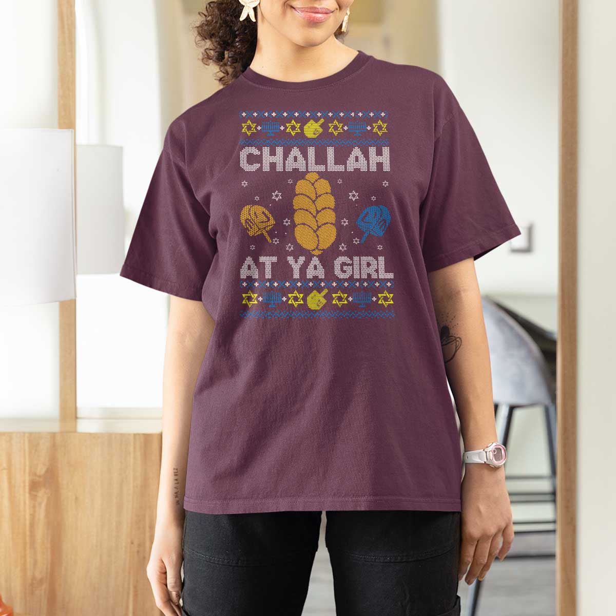 Funny Ugly Hanukkah T Shirt For Women Challah At Ya Girl Matching - Wonder Print Shop