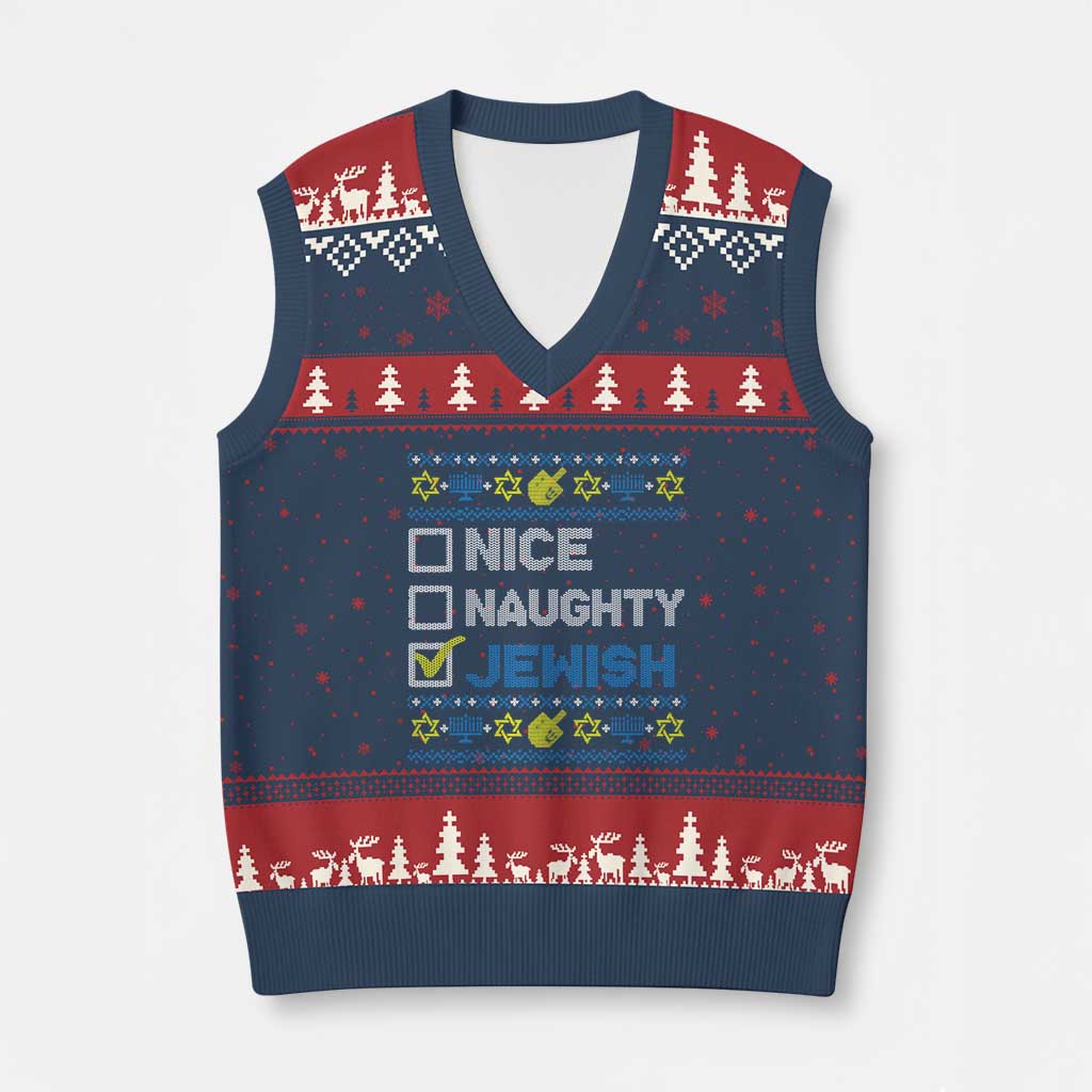 Nice Naughty Jewish Ugly Hanukkah V-Neck Knit Sweater Vest Chanukah Jew Gift - Wonder Print Shop