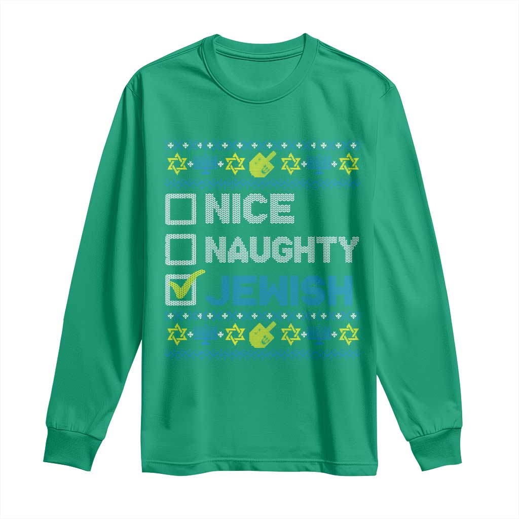 Nice Naughty Jewish Ugly Hanukkah Long Sleeve Shirt Chanukah Jew Gift - Wonder Print Shop