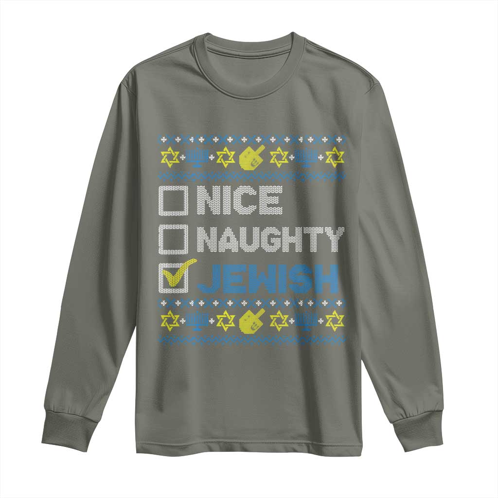 Nice Naughty Jewish Ugly Hanukkah Long Sleeve Shirt Chanukah Jew Gift - Wonder Print Shop