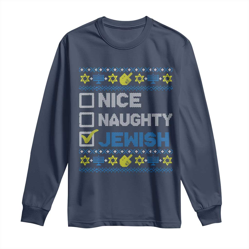 Nice Naughty Jewish Ugly Hanukkah Long Sleeve Shirt Chanukah Jew Gift - Wonder Print Shop