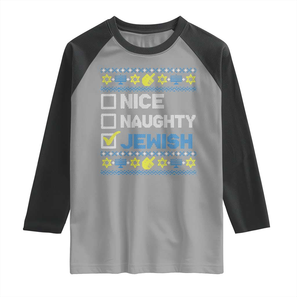 Nice Naughty Jewish Ugly Hanukkah Raglan Shirt Chanukah Jew Gift - Wonder Print Shop
