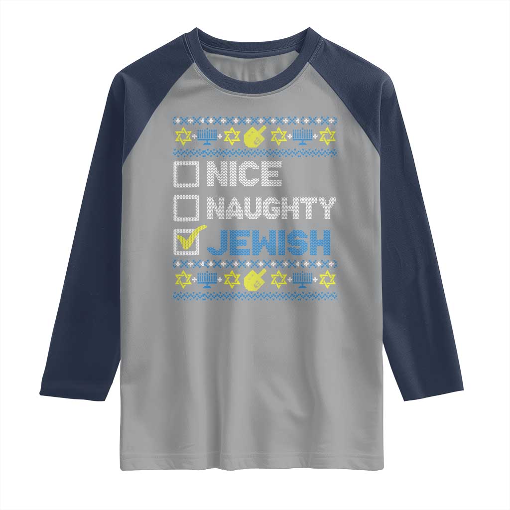 Nice Naughty Jewish Ugly Hanukkah Raglan Shirt Chanukah Jew Gift - Wonder Print Shop