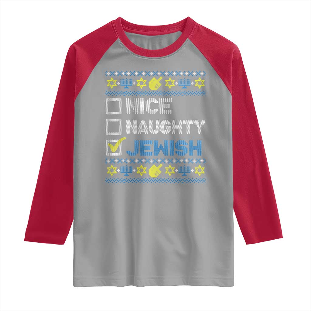 Nice Naughty Jewish Ugly Hanukkah Raglan Shirt Chanukah Jew Gift - Wonder Print Shop