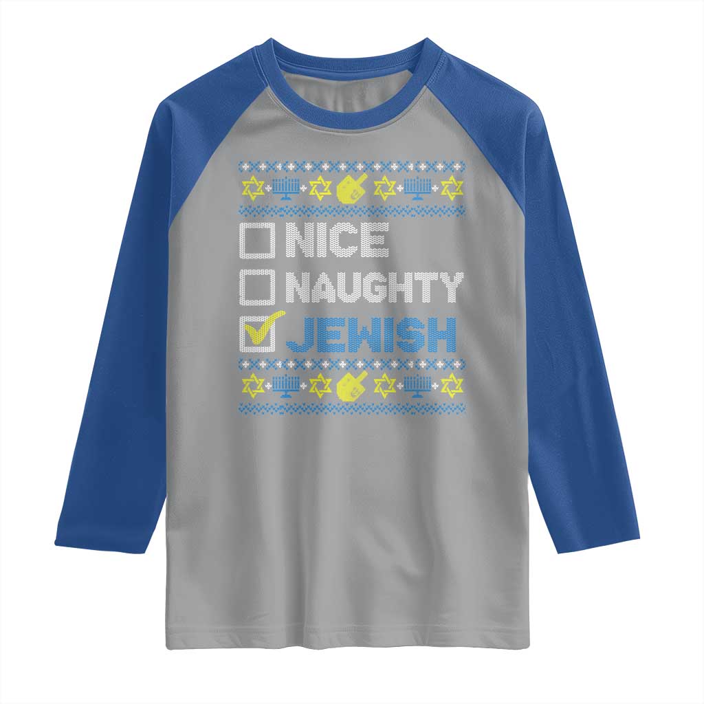 Nice Naughty Jewish Ugly Hanukkah Raglan Shirt Chanukah Jew Gift - Wonder Print Shop
