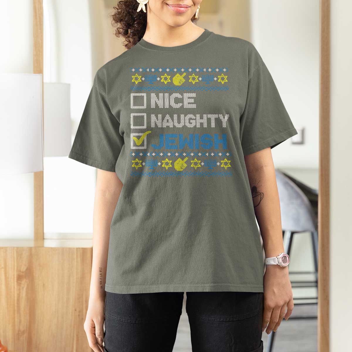 Nice Naughty Jewish Ugly Hanukkah T Shirt For Women Chanukah Jew Gift - Wonder Print Shop