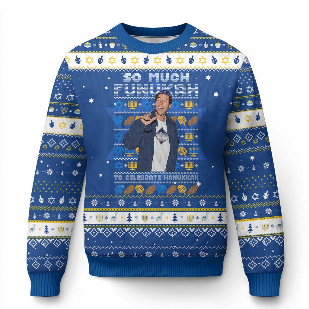 Funny Ugly Hanukkah Hanukkah Ugly Sweater Sandler So Much Funukah To Celebrate Hanukkah - Wonder Print Shop
