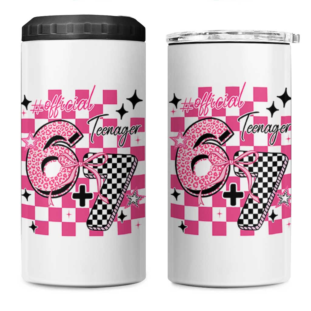 Funny 13th Birthday Official Teenager 4 in 1 Can Cooler Tumbler 6+7 13 Year Old Kids Girls Pink Checkered 67 Meme