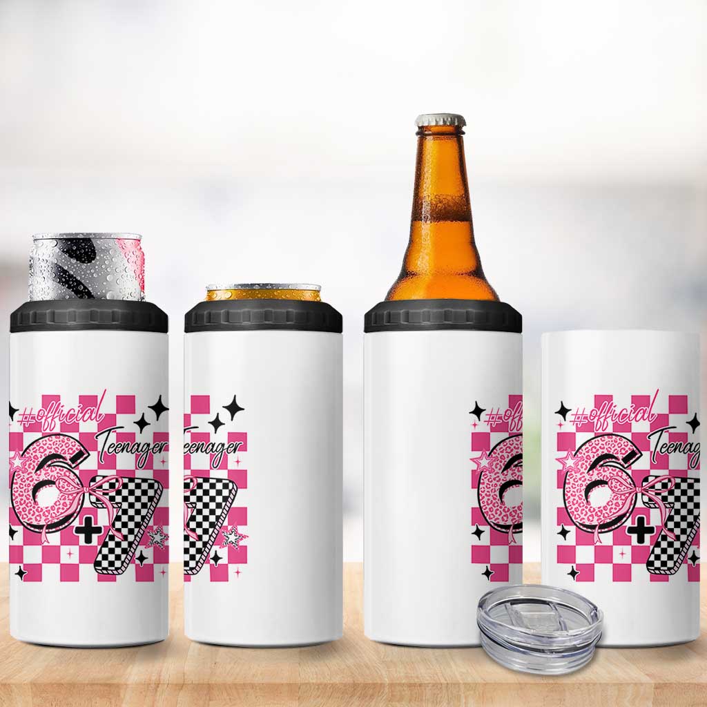 Funny 13th Birthday Official Teenager 4 in 1 Can Cooler Tumbler 6+7 13 Year Old Kids Girls Pink Checkered 67 Meme