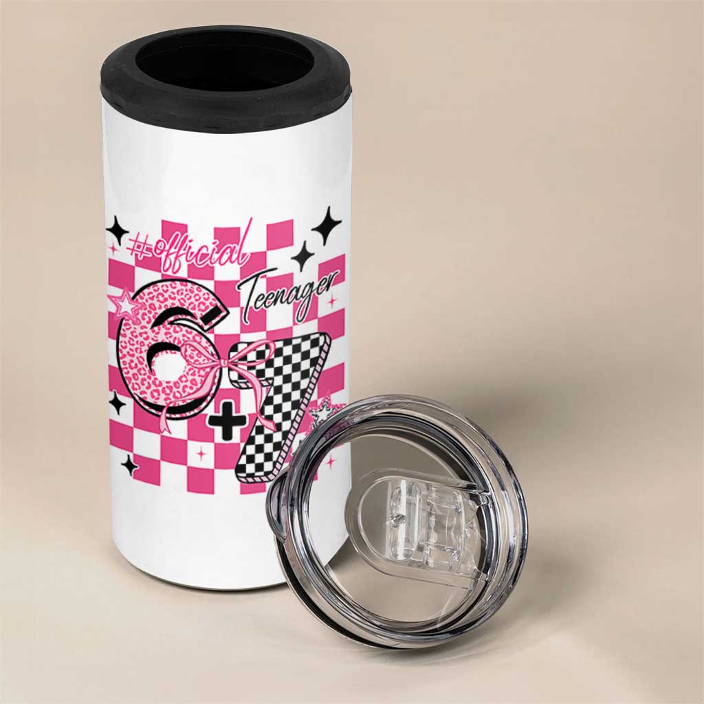Funny 13th Birthday Official Teenager 4 in 1 Can Cooler Tumbler 6+7 13 Year Old Kids Girls Pink Checkered 67 Meme