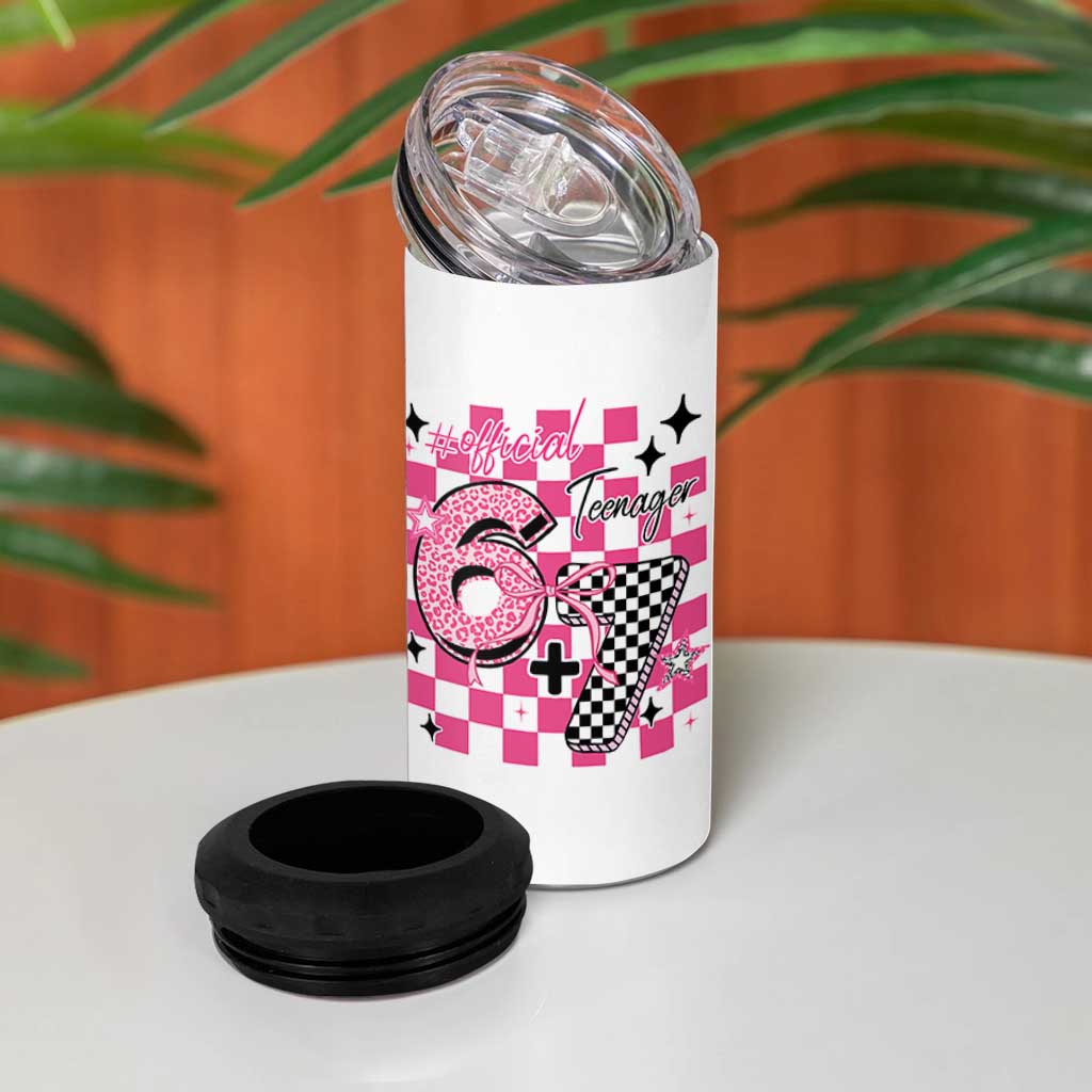 Funny 13th Birthday Official Teenager 4 in 1 Can Cooler Tumbler 6+7 13 Year Old Kids Girls Pink Checkered 67 Meme