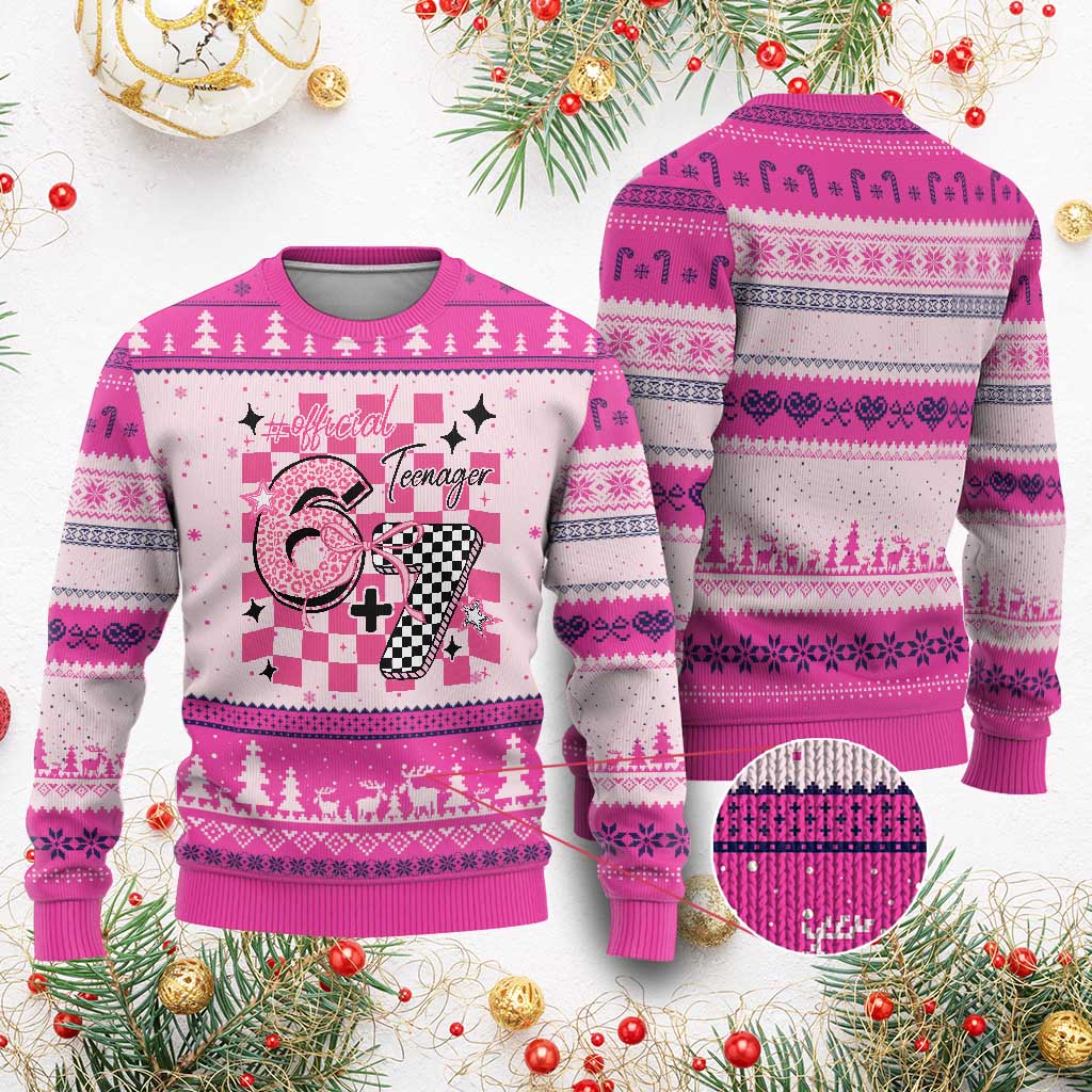 Funny 13th Birthday Official Teenager Ugly Christmas Sweater 6+7 13 Year Old Kids Girls Pink Checkered 67 Meme