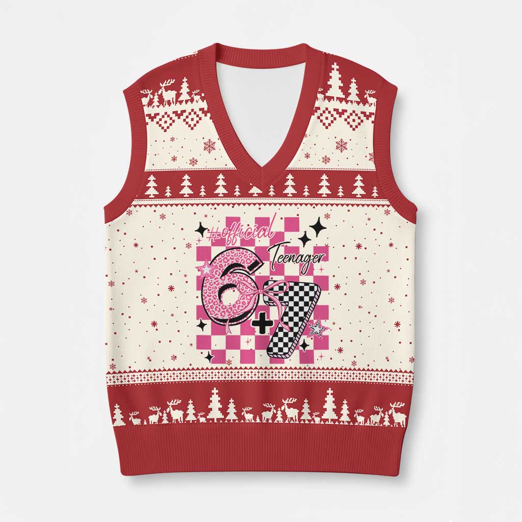 Funny 13th Birthday Official Teenager V-Neck Knit Sweater Vest 6+7 13 Year Old Kids Girls Pink Checkered 67 Meme