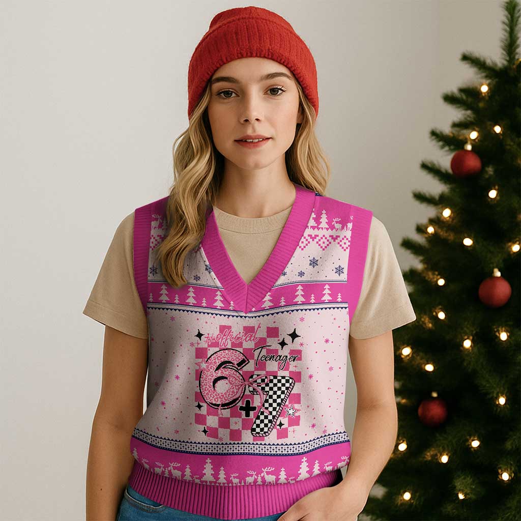 Funny 13th Birthday Official Teenager V-Neck Knit Sweater Vest 6+7 13 Year Old Kids Girls Pink Checkered 67 Meme