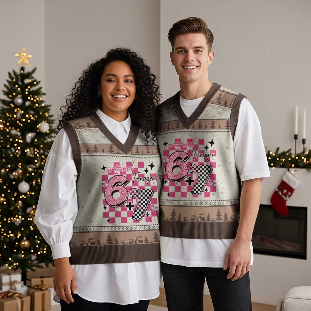 Funny 13th Birthday Official Teenager V-Neck Knit Sweater Vest 6+7 13 Year Old Kids Girls Pink Checkered 67 Meme