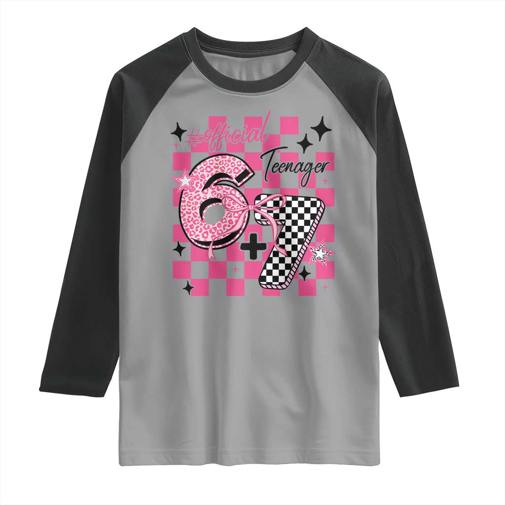 Funny 13th Birthday Official Teenager Raglan Shirt 6+7 13 Year Old Kids Girls Pink Checkered 67 Meme